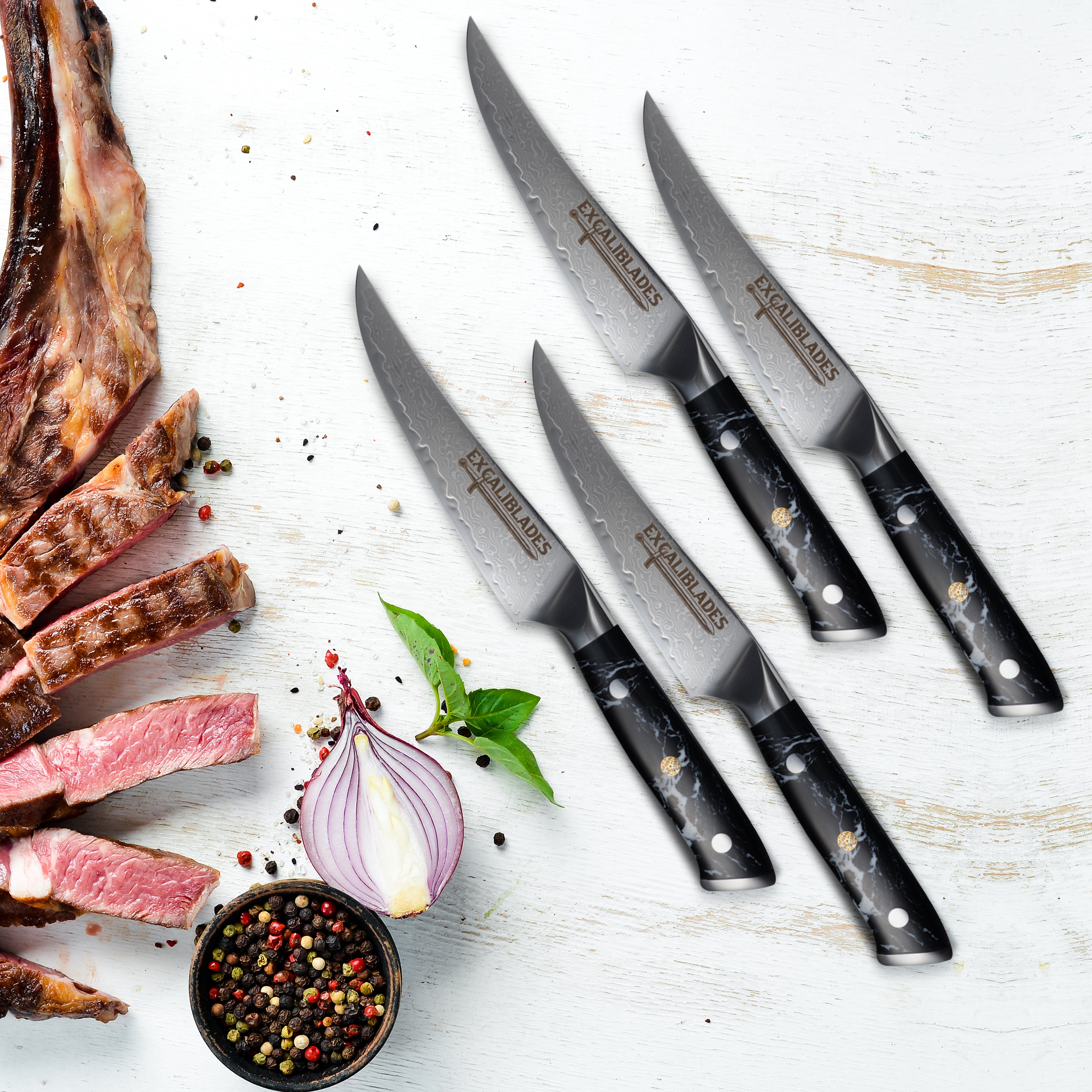 Damascus Steak Knife Set of 4 | VG-10 Steel | Excaliblades