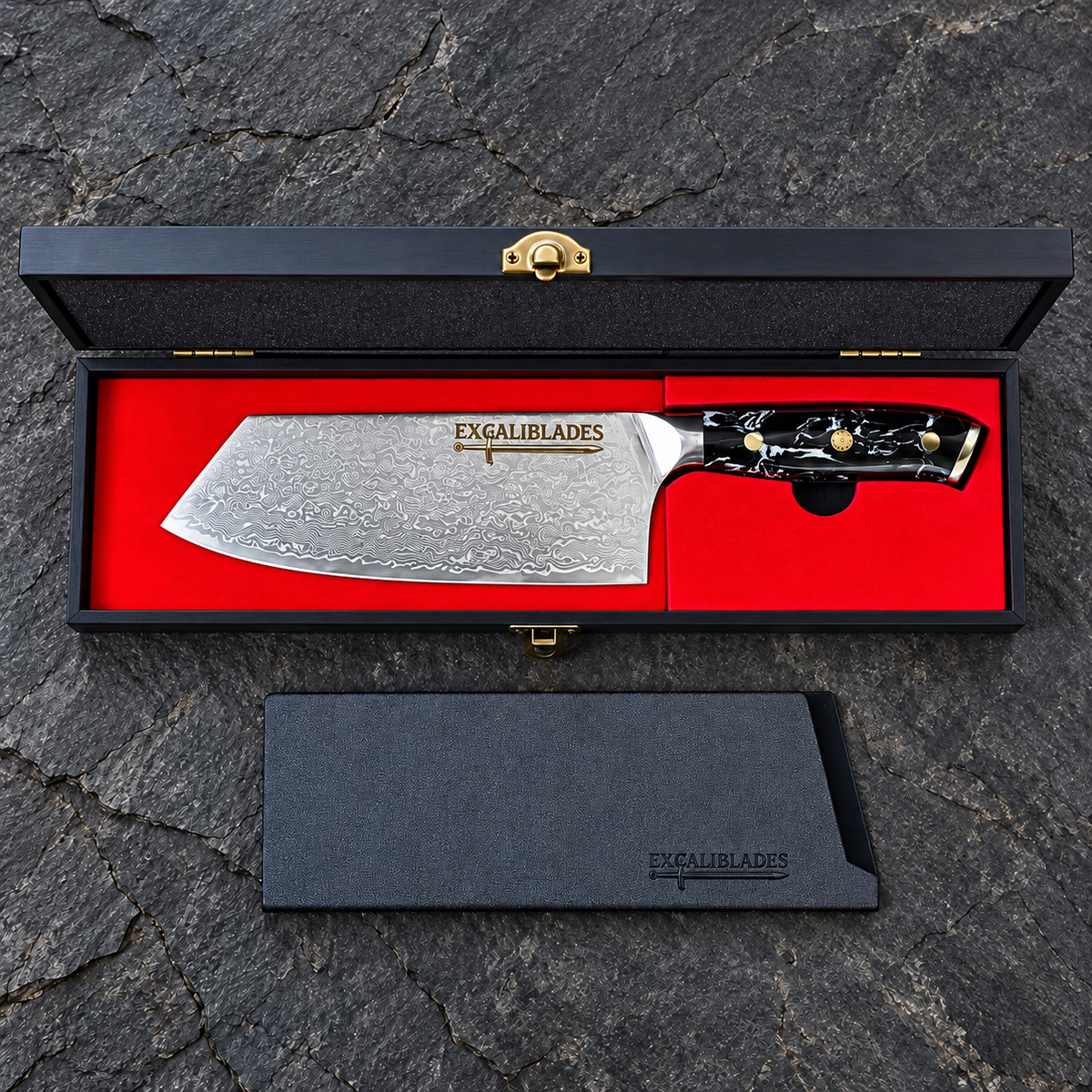 Excaliblades cleaver knife inside its open red-lined black wooden gift box with protective sheath