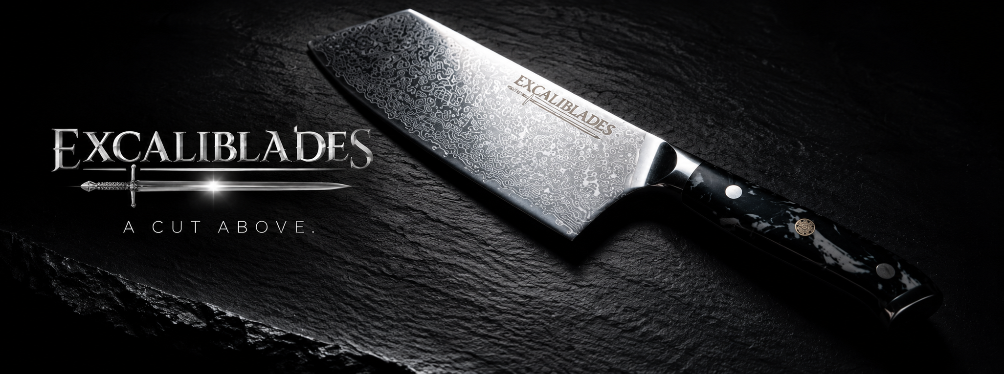 A high-end kitchen knife with a textured silver blade and a black handle, displayed diagonally on a dark slate background next to the 'Excaliblades' brand logo.