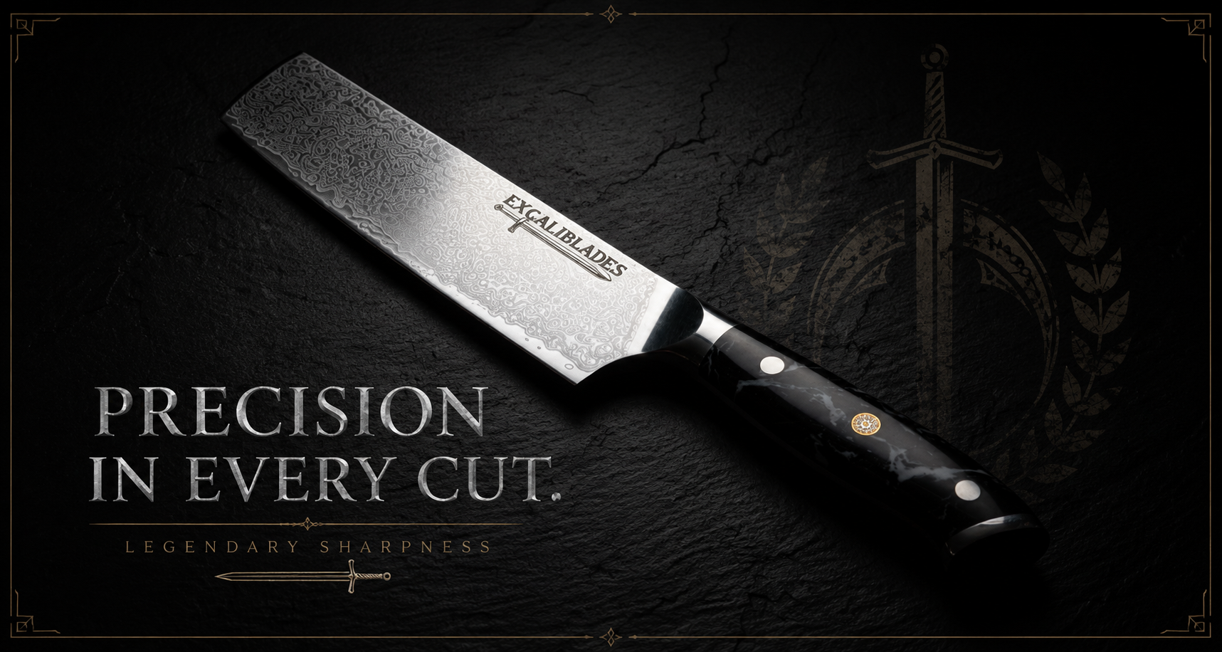 A large kitchen knife with a textured silver blade and a black handle, displayed diagonally on a dark textured background with the text 'PRECISION IN EVERY CUT.' and 'EXCALIBLADES' visible on the blade.