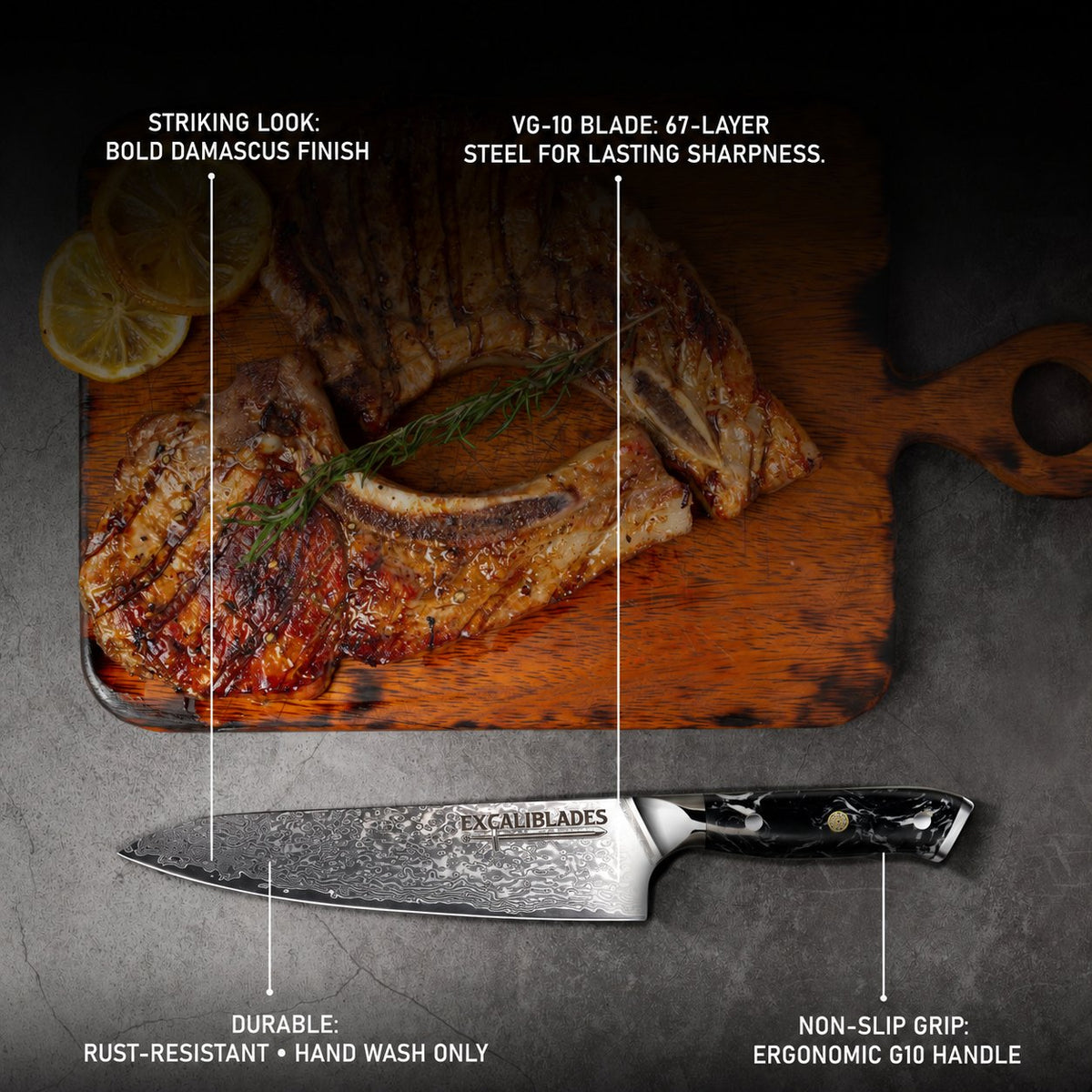 Excaliblades chef knife with VG-10 Damascus steel, G10 handle and hand-wash-only care guidance