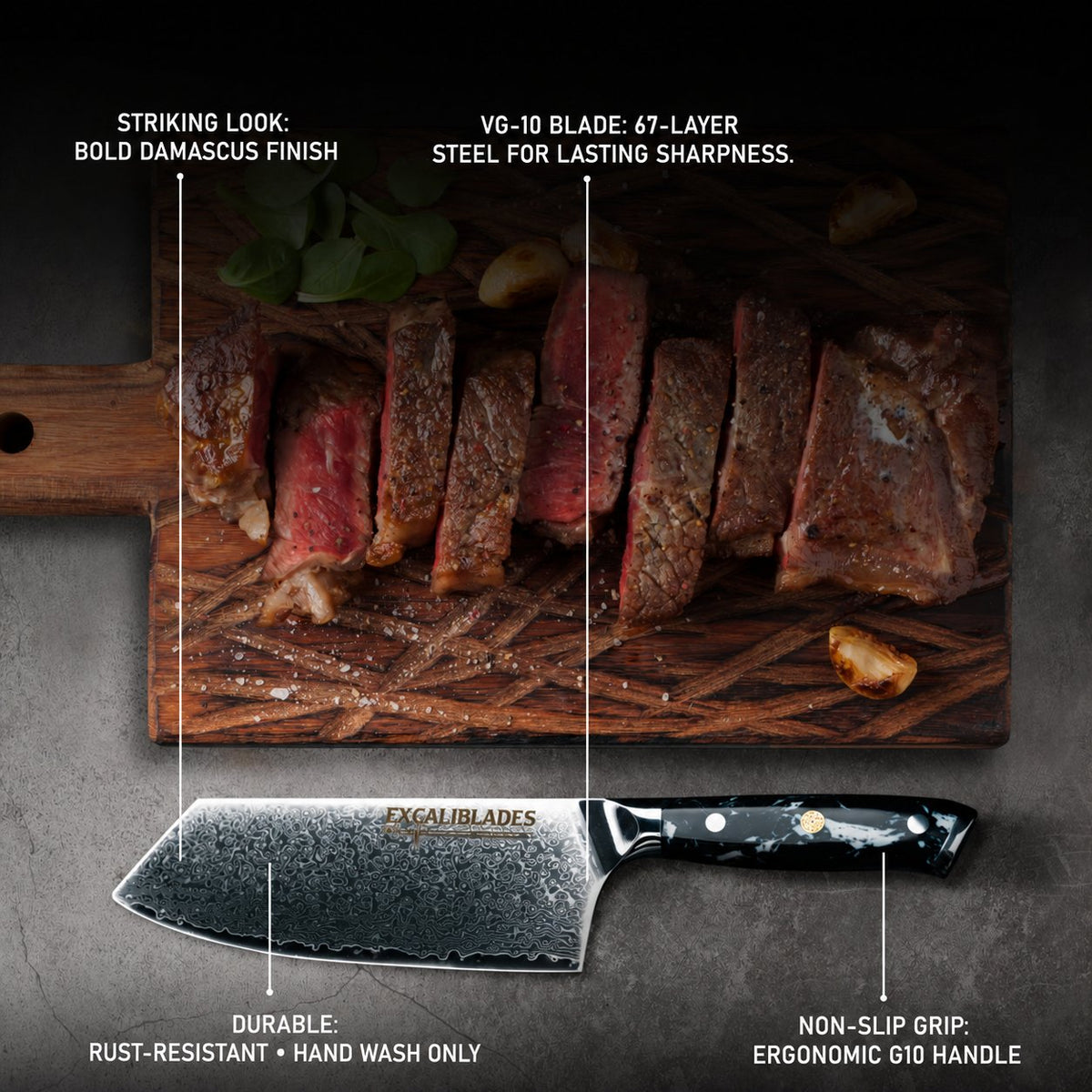 Excaliblades cleaver with VG-10 Damascus steel, G10 handle and hand-wash-only care guidance