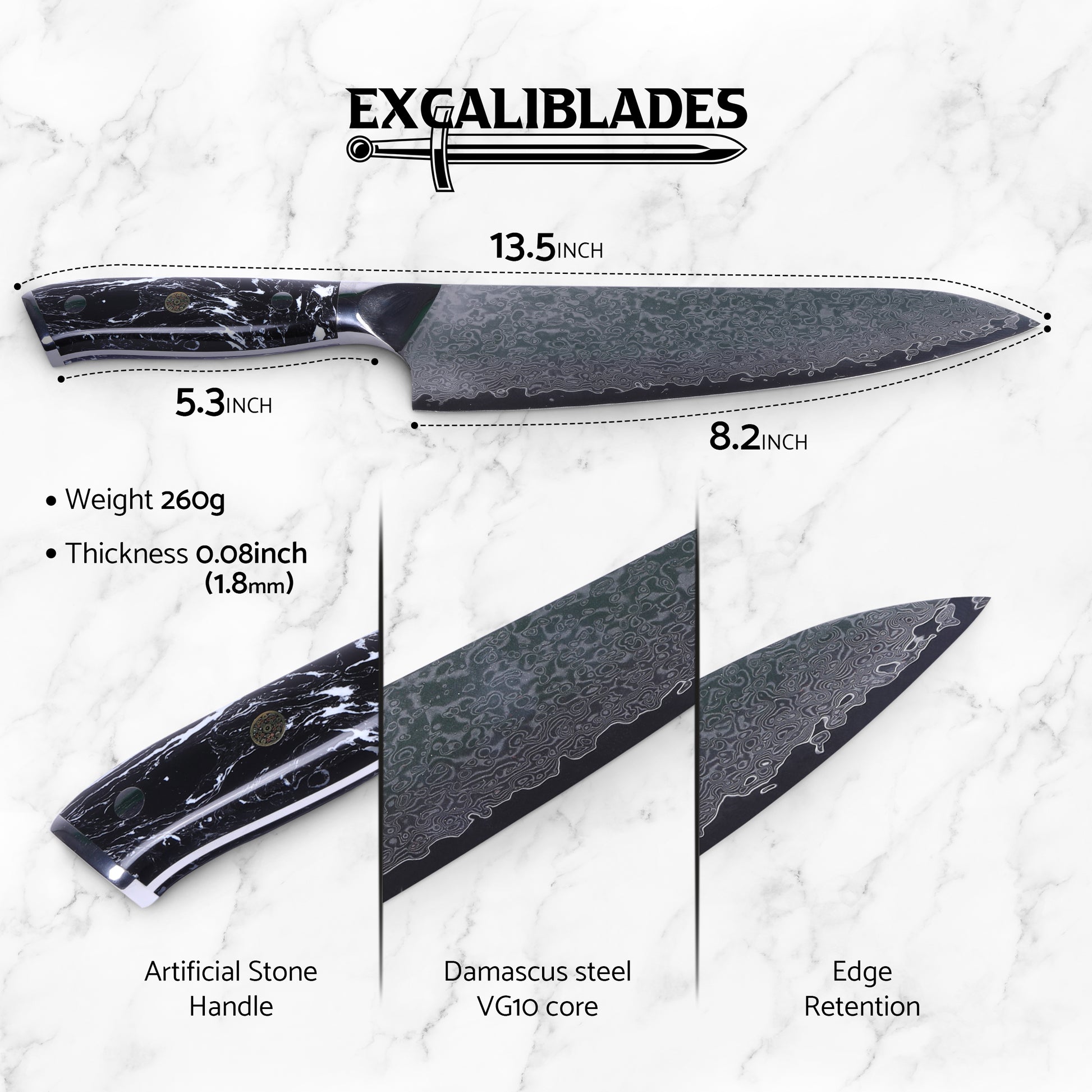 EXCALIBLADES Custom Chef Knife - Texas Family Business - Razor Sharp  Kitchen Knife - 8 inch Blade - Damascus - G10 Black Stone Handle -  Professional