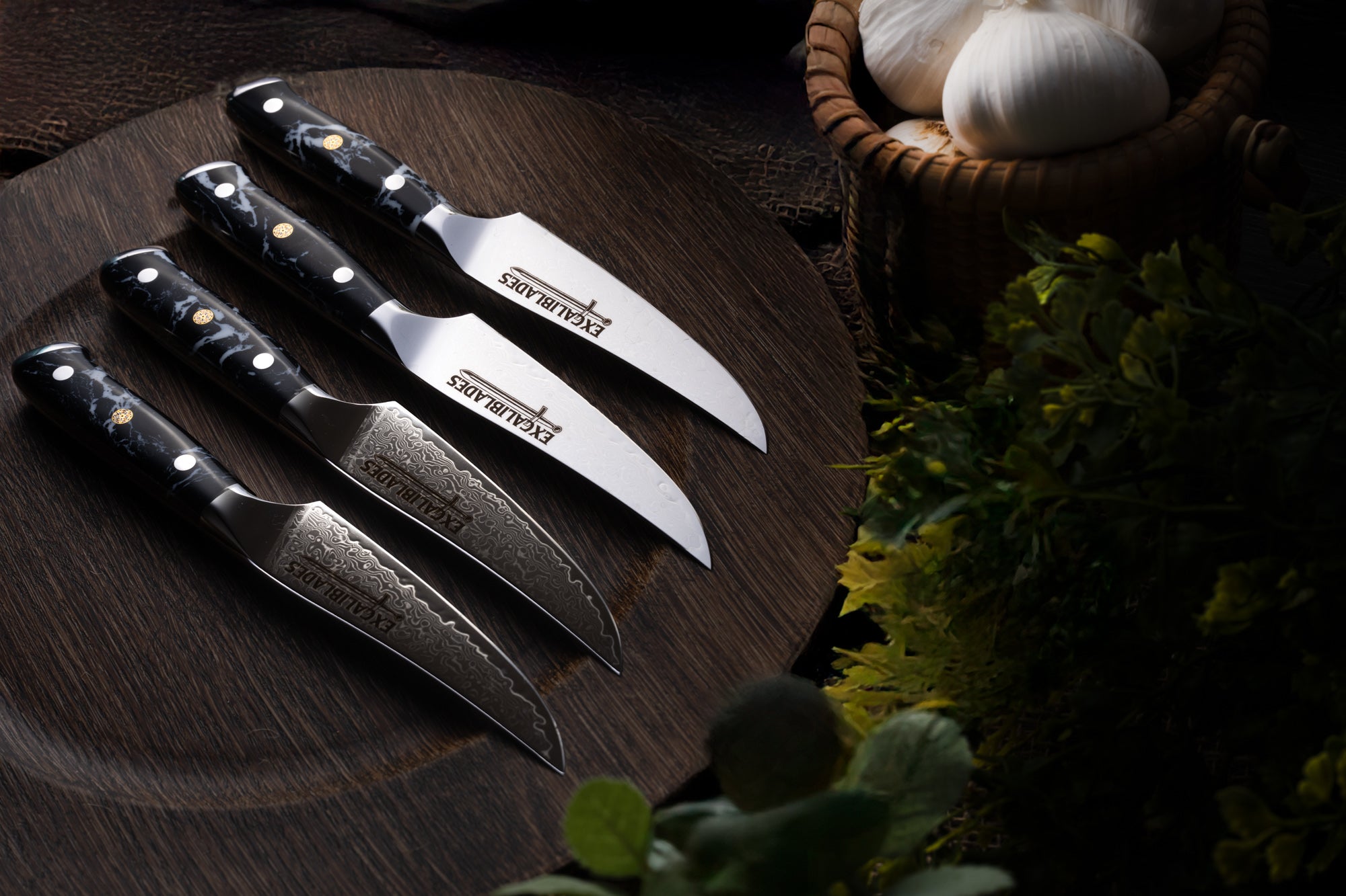 EXCALIBLADES Damascus Stainless Steel Steak Knives Set of 4