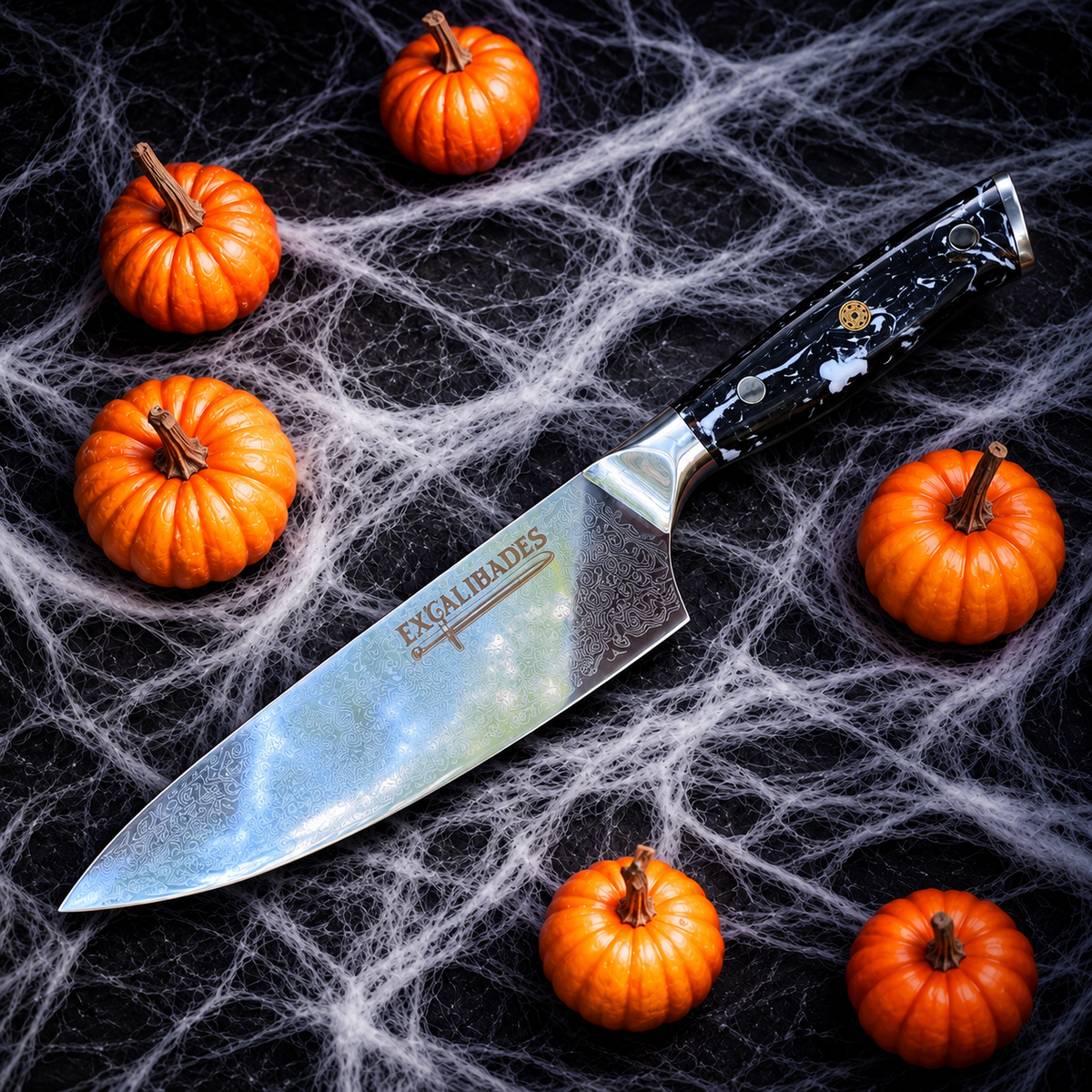 Excaliblades chef knife with pumpkins and cobwebs