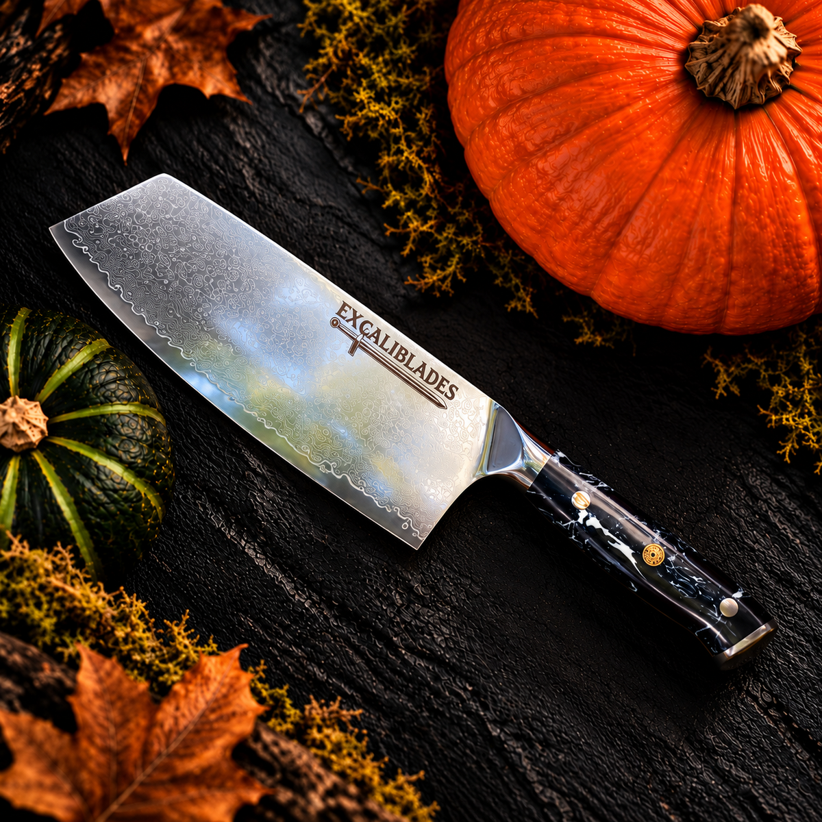Excaliblades cleaver knife beside a pumpkin on a black background