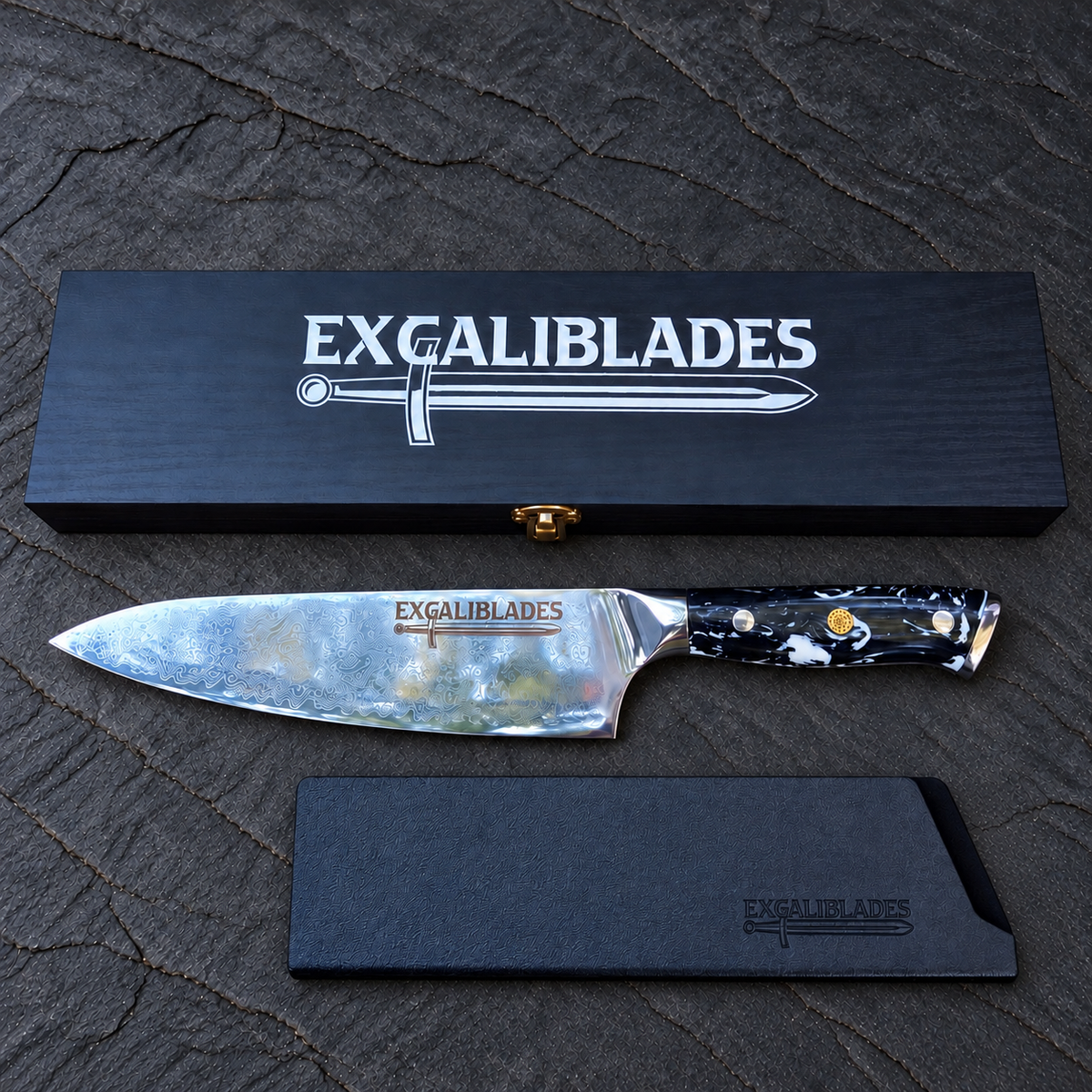 Excaliblades chef knife beside its closed black wooden gift box and protective sheath