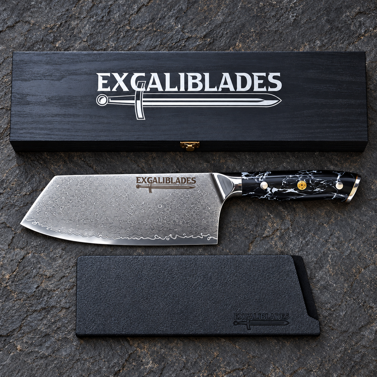 Excaliblades cleaver knife beside its closed black wooden gift box and protective sheath