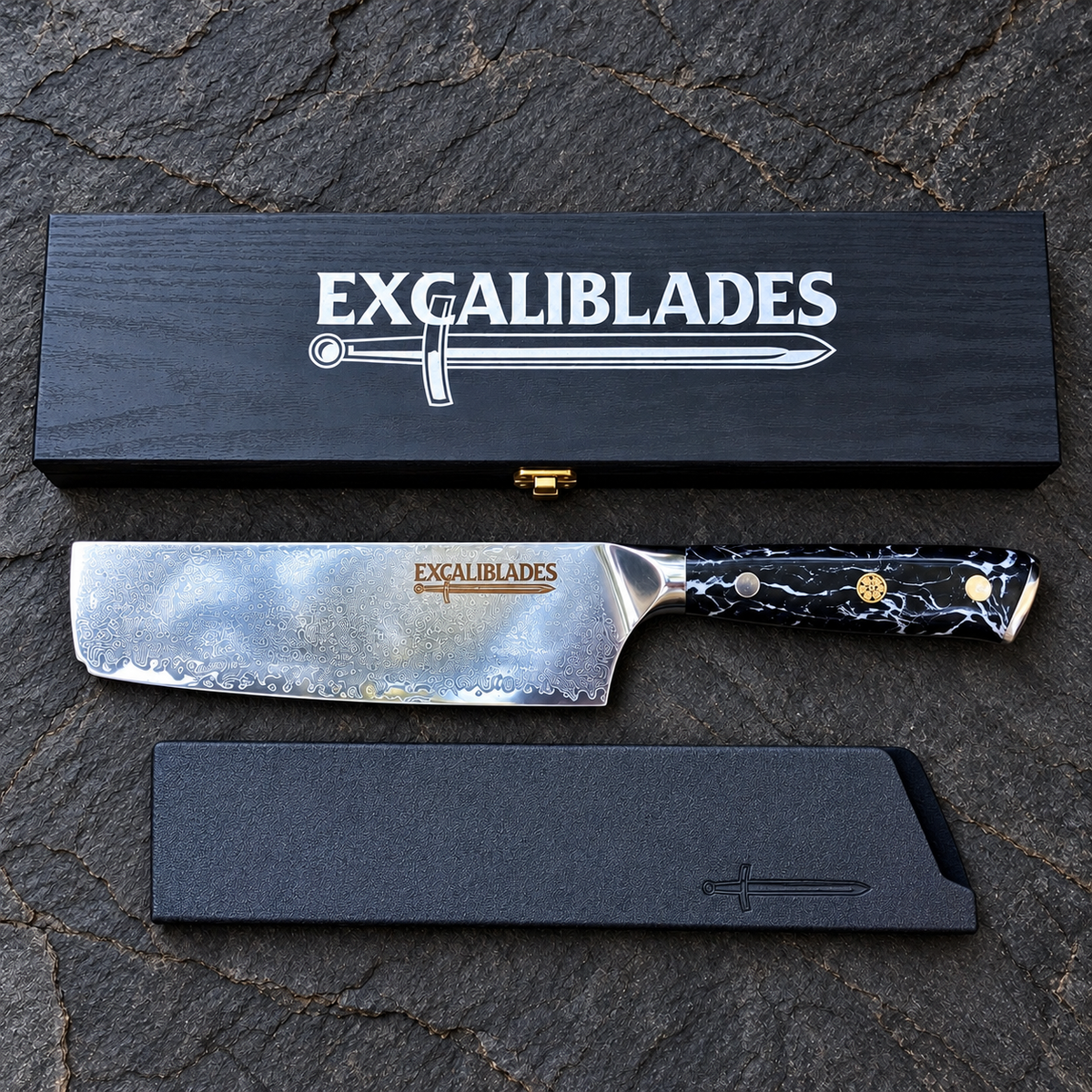 Excaliblades nakiri knife beside its closed black wooden gift box and protective sheath