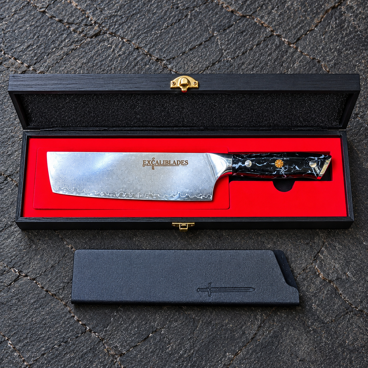 Excaliblades nakiri knife inside its open red-lined black wooden gift box with protective sheath