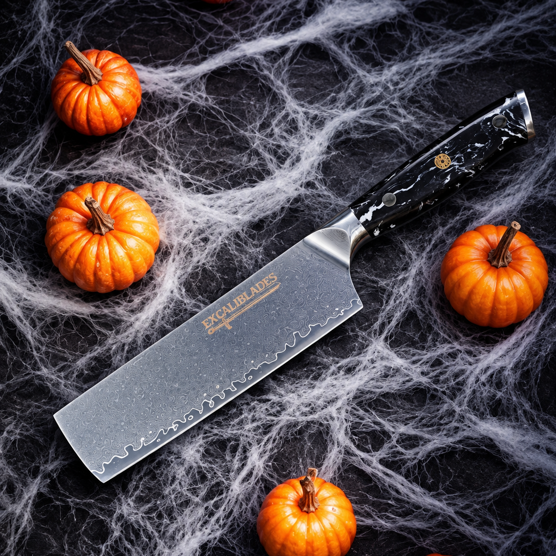 Excaliblades nakiri knife with pumpkins and cobwebs