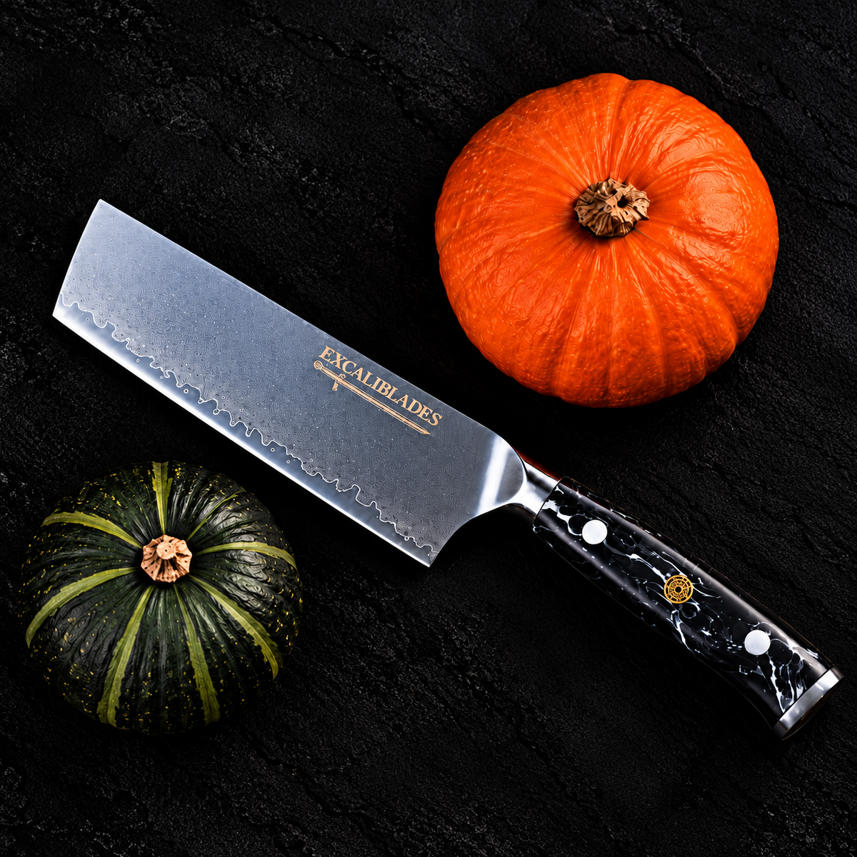 Excaliblades nakiri knife beside orange and green pumpkins