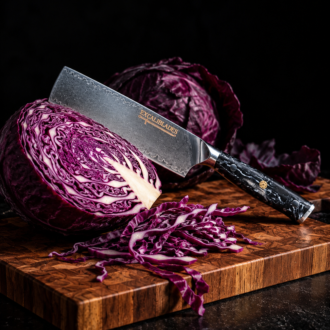 Excaliblades nakiri knife with purple cabbage on a wooden board