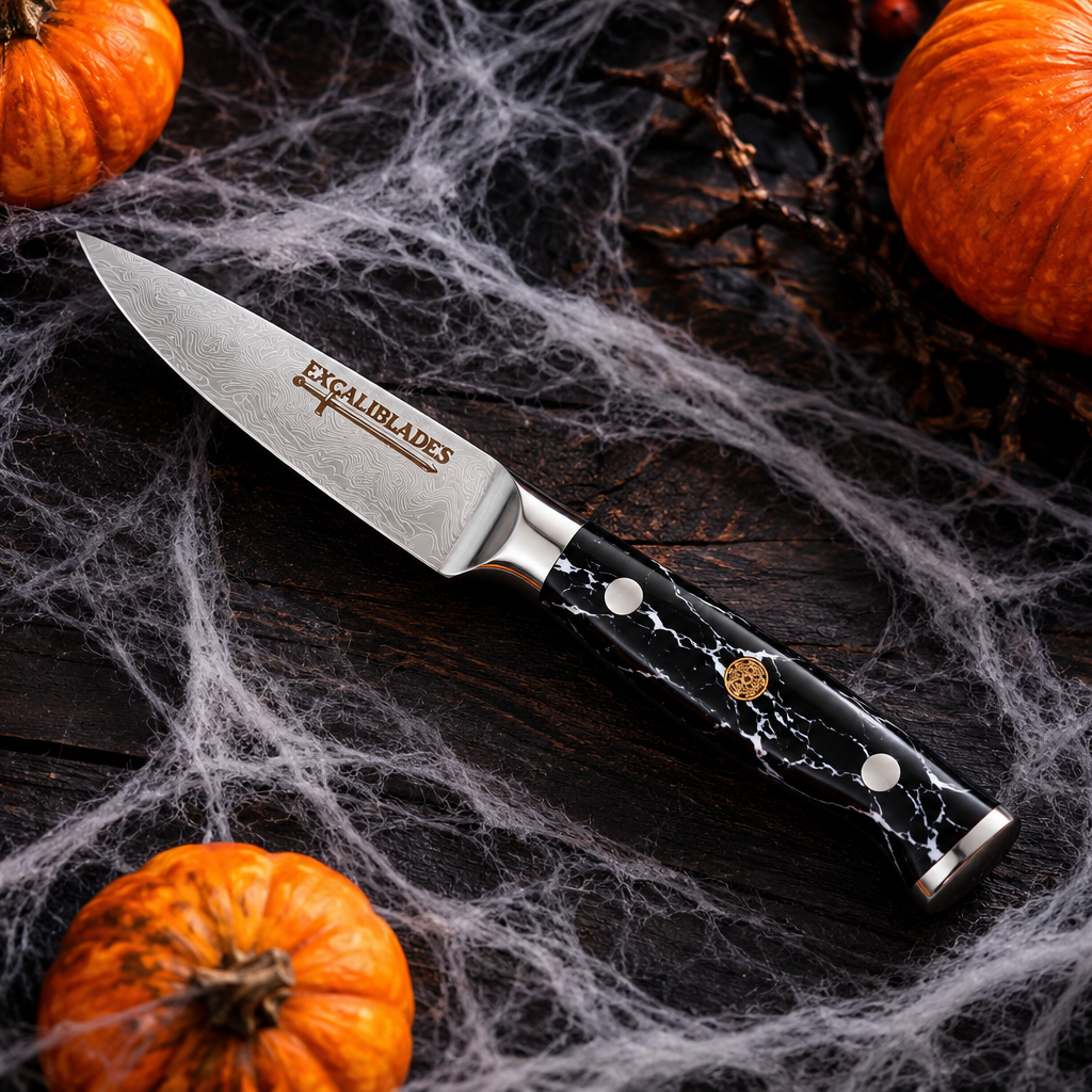 Excaliblades paring knife with pumpkins and cobwebs