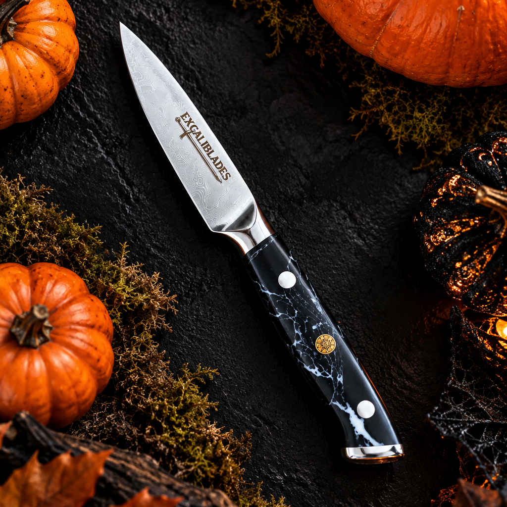 Excaliblades paring knife with autumn pumpkins on a dark background