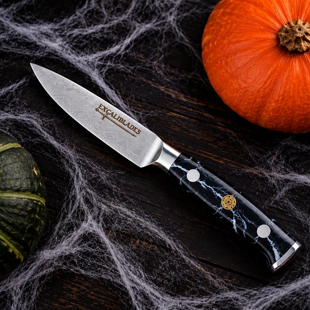 Excaliblades paring knife between orange and green pumpkins with cobwebs