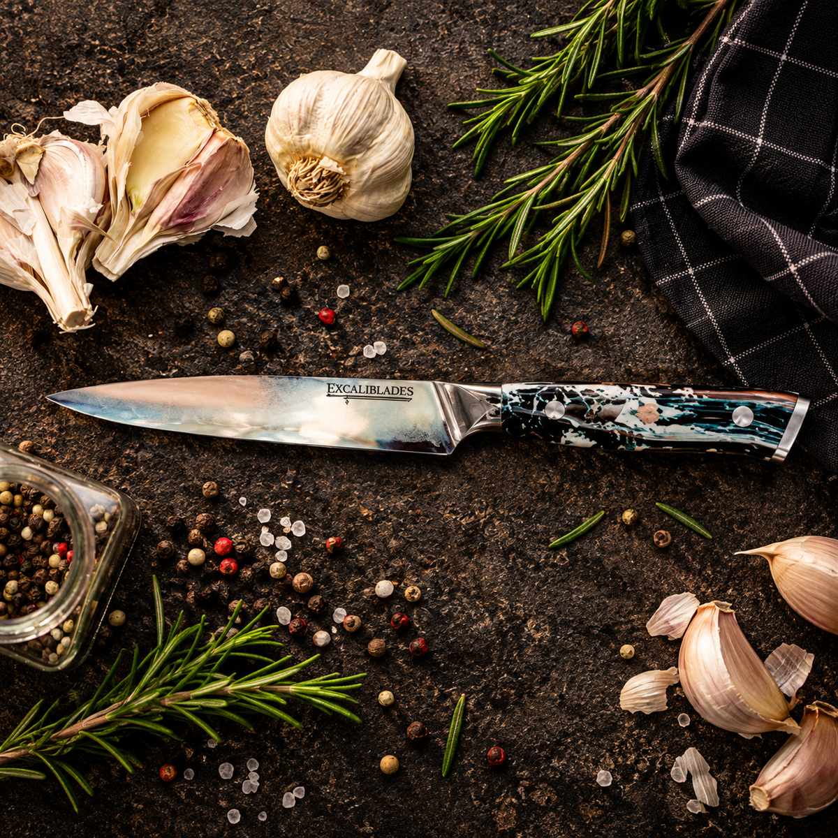 Excaliblades utility knife with garlic and rosemary on a dark board